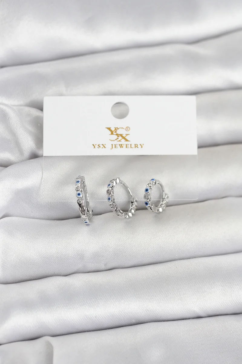 Pirinç Gümüş Renk Nazarlı Model 3'lü Kadın Küpe