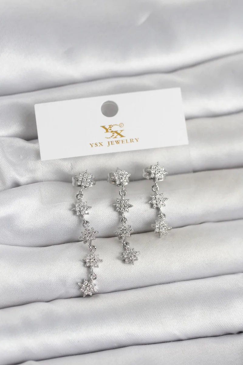 Pirinç Gümüş Renk Sıralı Kutup Yıldızı Model 3'lü Kadın Küpe