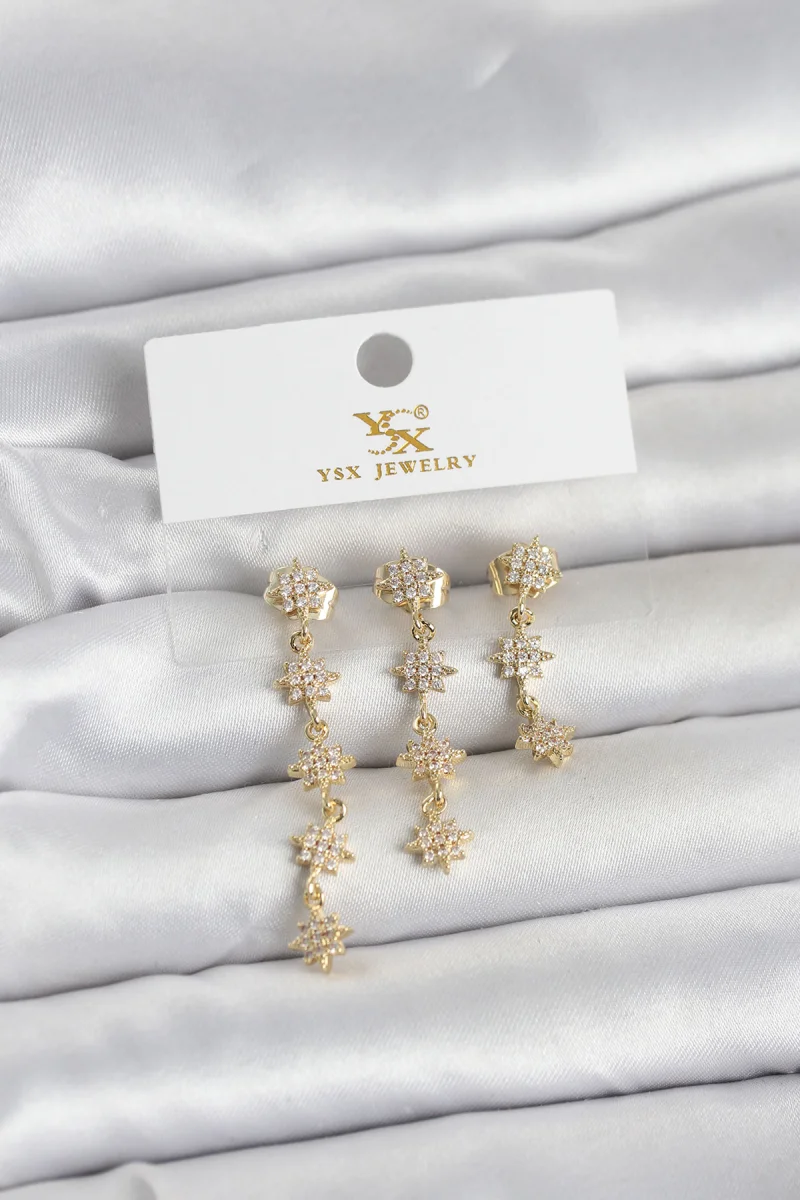 Pirinç Gold Renk Sıralı Kutup Yıldızı Model 3'lü Kadın Küpe