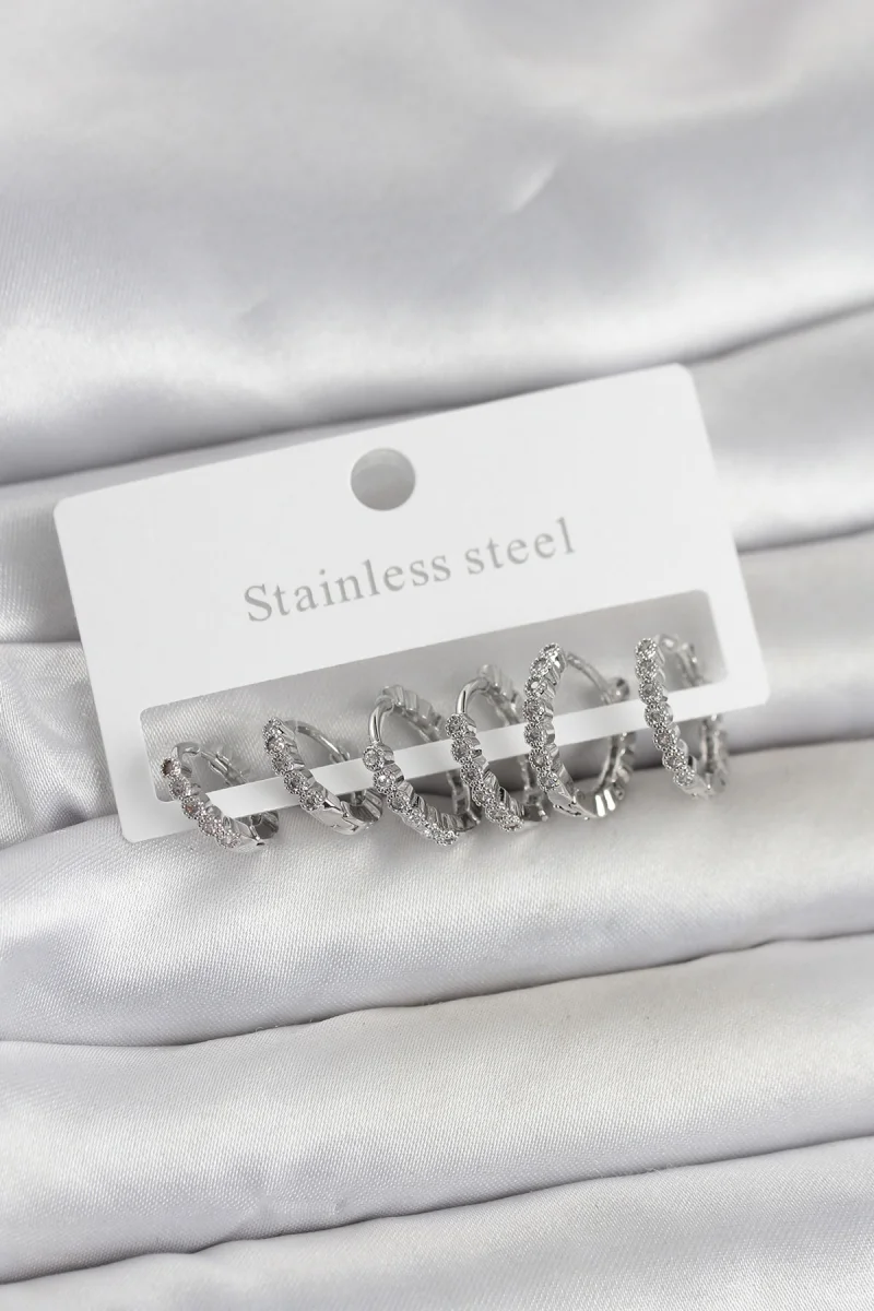 316L Çelik Gümüş Renk Zirkon Taşlı Halka Model Kadın Küpe Seti