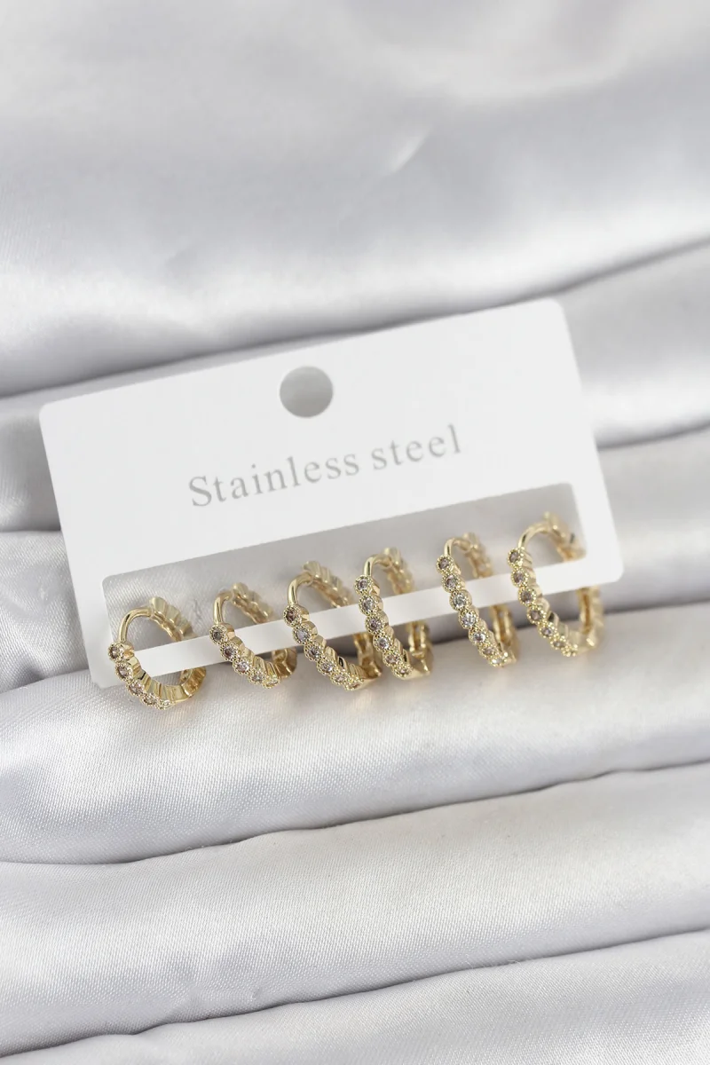 316L Çelik Gold Renk Zirkon Taşlı Halka Model Kadın Küpe Seti