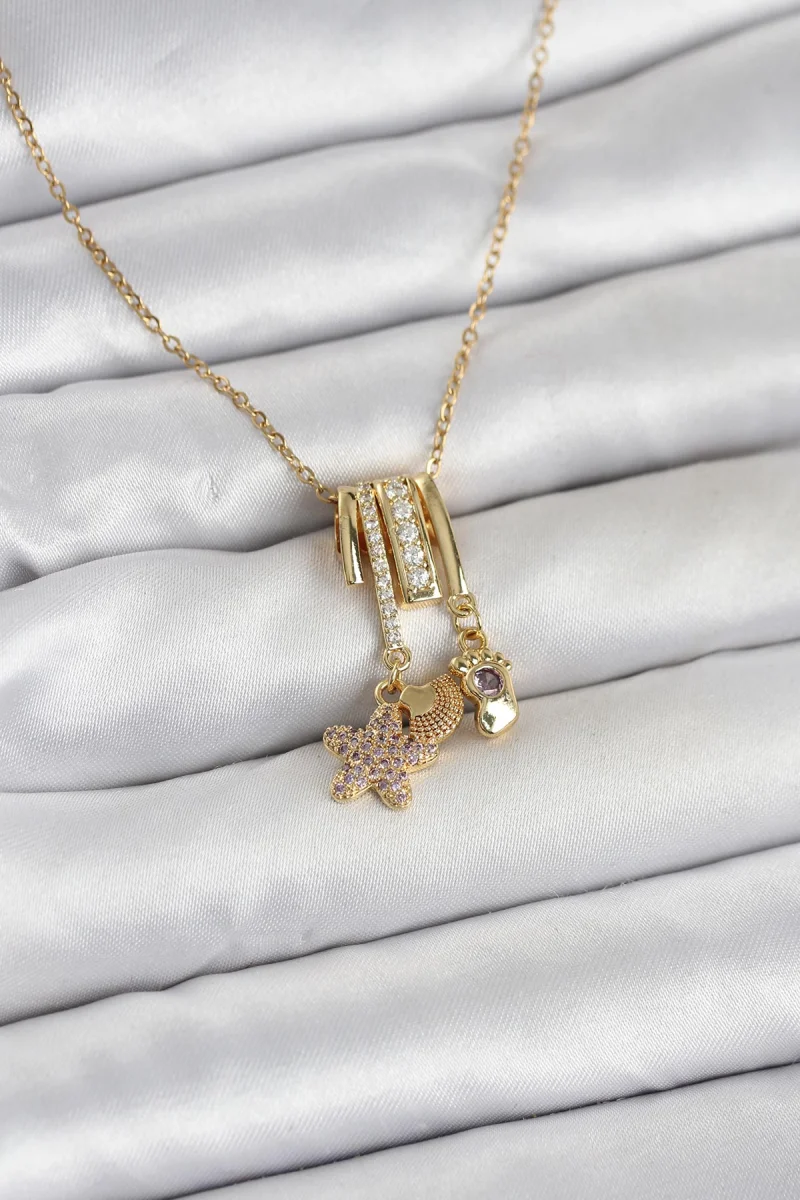 316L Çelik Gold Zirkon Taşlı Deniz Tema Charmlı Kadın Kolye