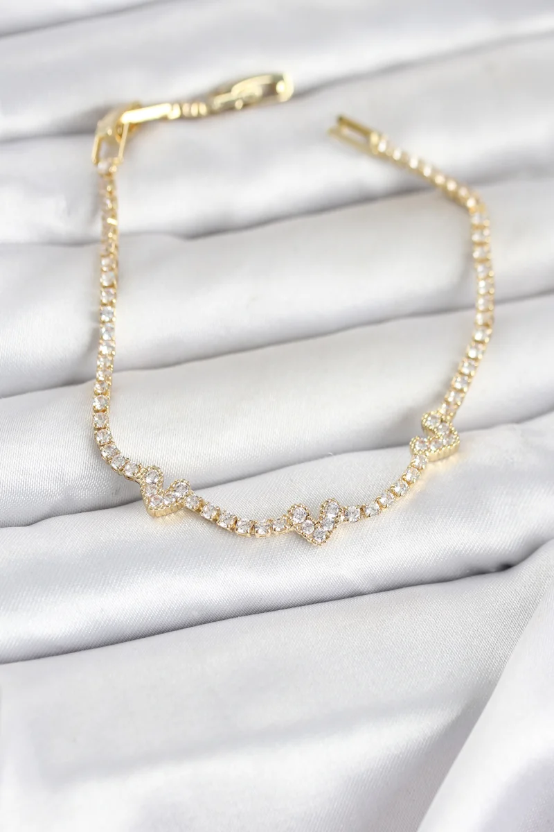Pirinç Gold Renk Kalp Model Zirkon Taşlı Su Yolu Kadın Bileklik