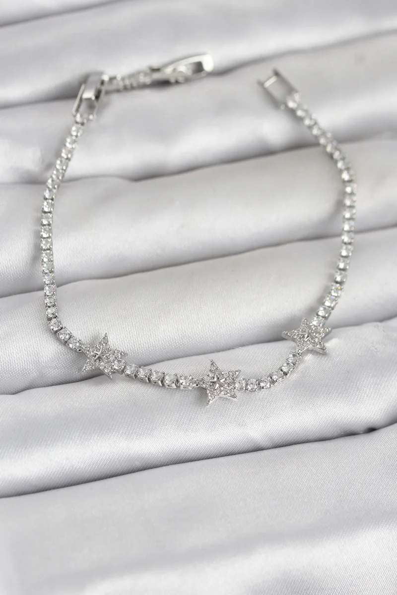 Pirinç Gümüş Renk Minimal Yıldız Model Zirkon Taşlı Su Yolu Kadın Bileklik