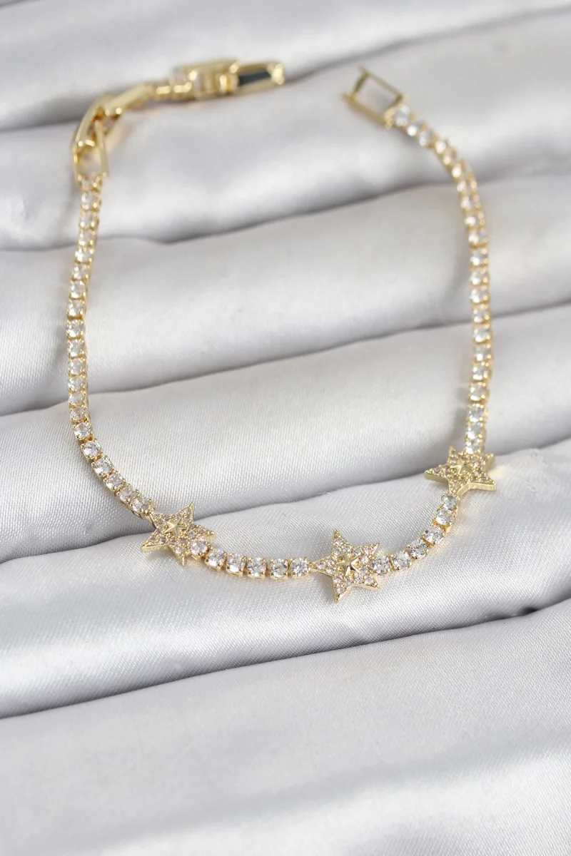 Pirinç Gold Renk Minimal Yıldız Model Zirkon Taşlı Su Yolu Kadın Bileklik