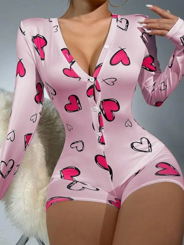 Pamuklu Pembe Kalp Desenli Düğmeli Uzun Kol Tulum Pijama