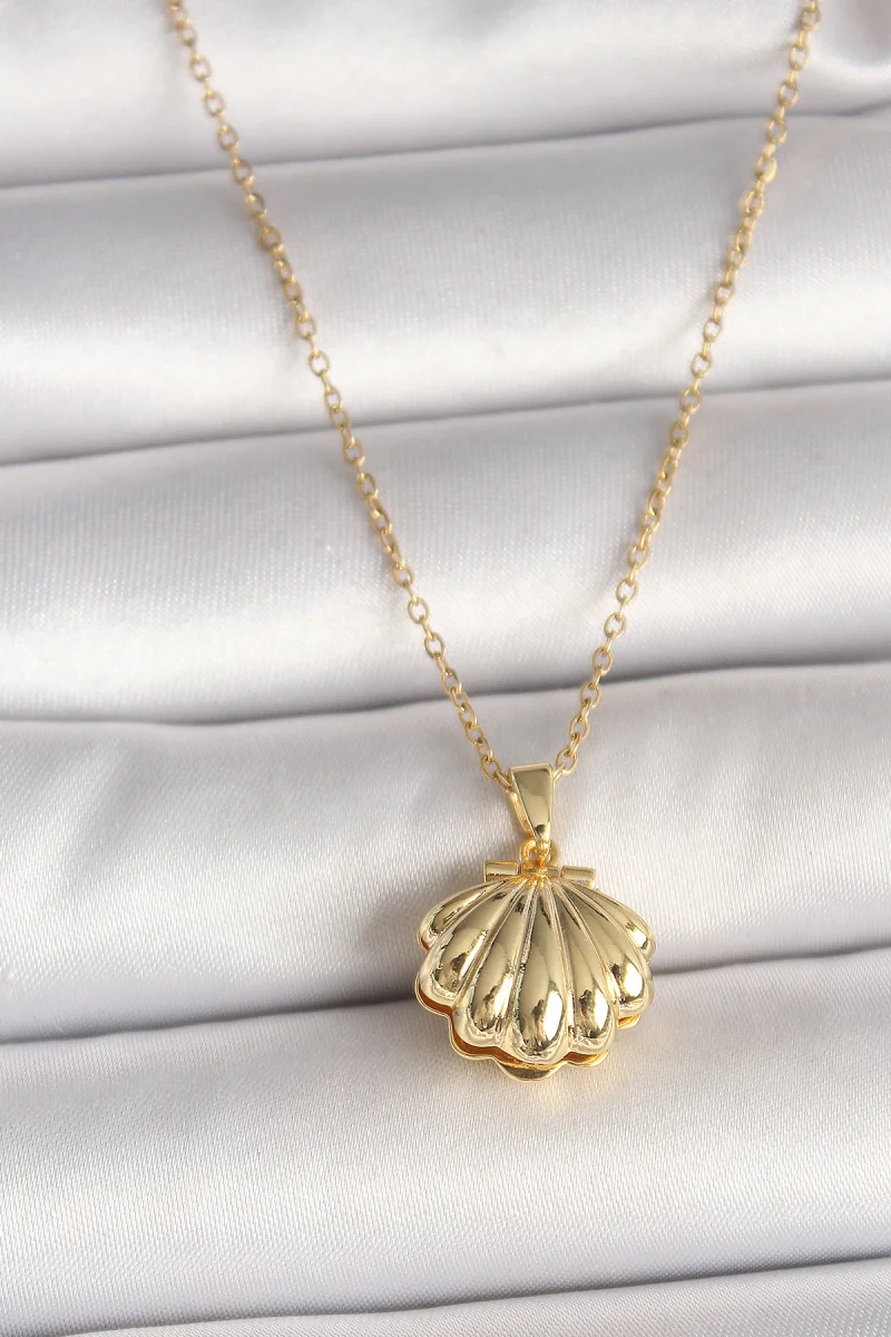 316L Çelik Gold Renk Zincir Açılır İncili Midye Model Kadın Kolye