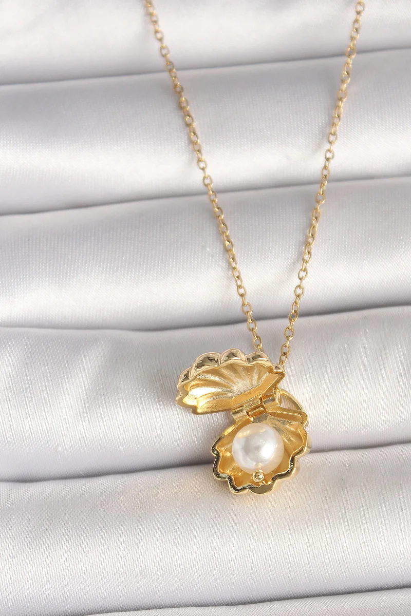 316L Çelik Gold Renk Zincir Açılır İncili Midye Model Kadın Kolye