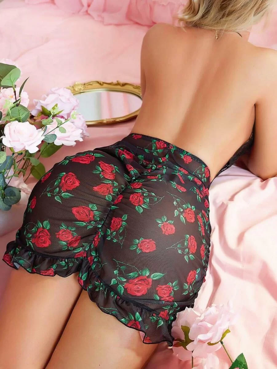 Siyah Dantel İşlemeli Gül Desenli Mini Fantezi Gecelik