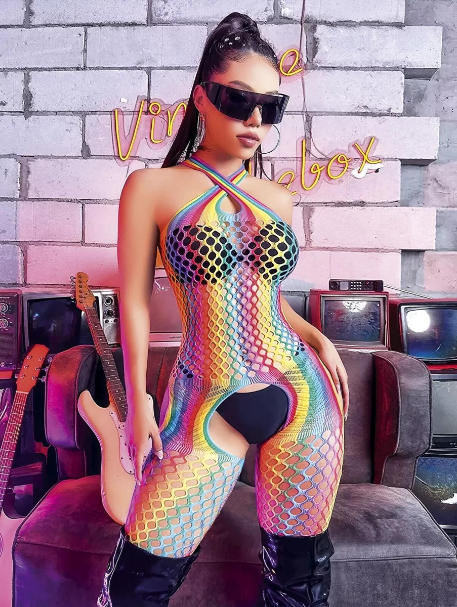 Gökkuşağı Desenli Fileli Fantezi Vücut Çorabı