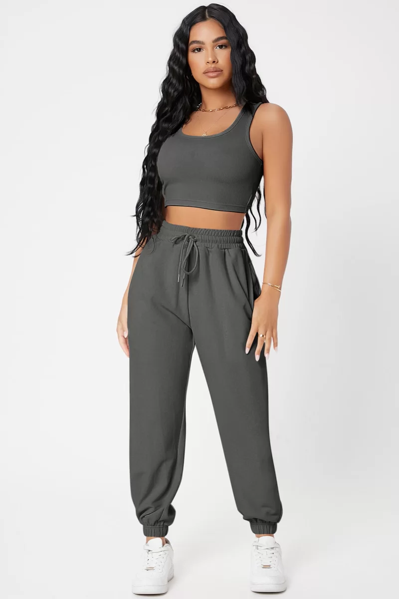 Kadın Antrasit Gri Kaşkorse Cepli Jogger Eşofman Altı Ve Crop Top Bluz