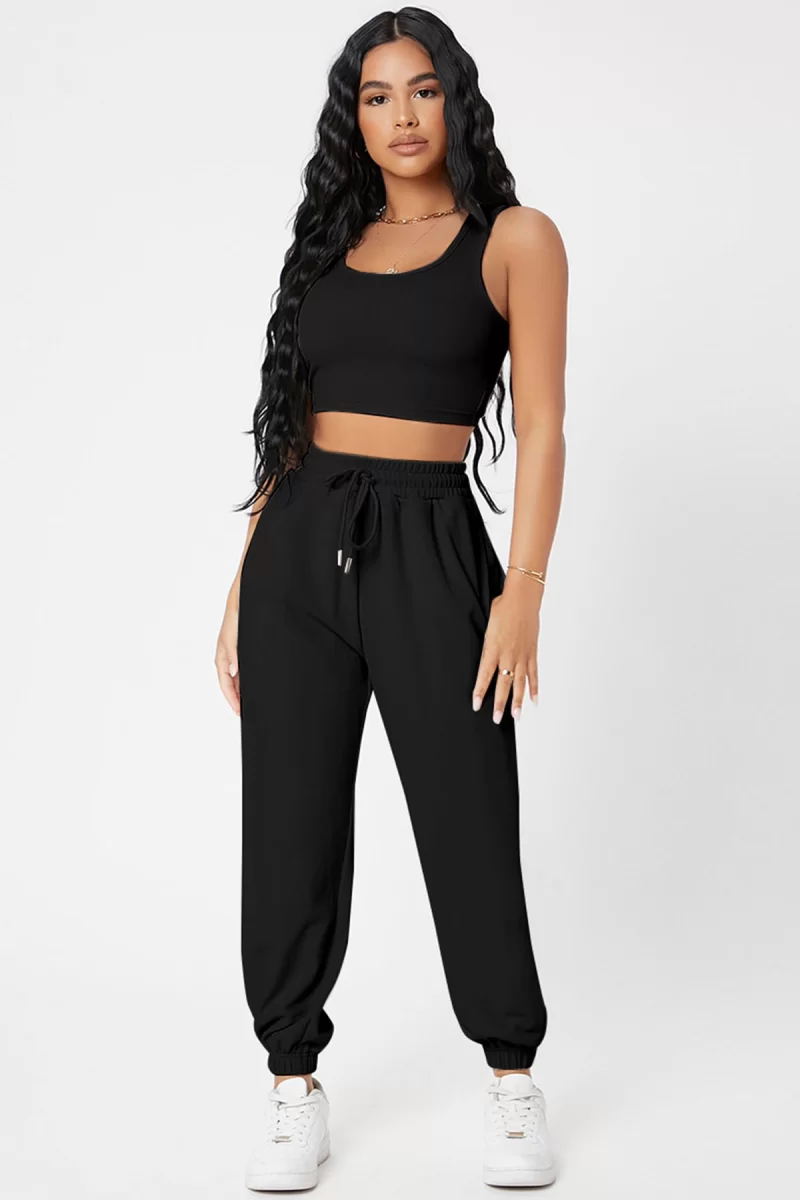 Kadın Siyah Kaşkorse Cepli Jogger Eşofman Altı Ve Crop Top Bluz