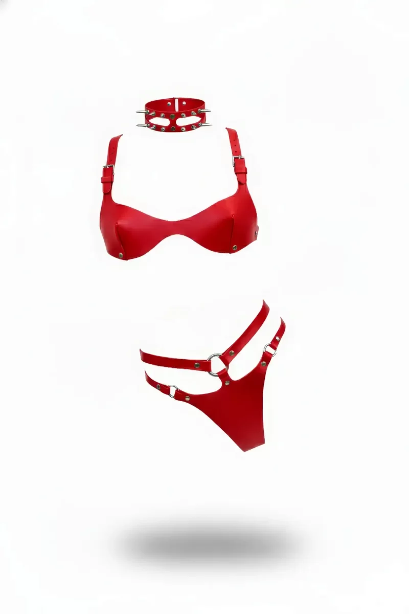 Kırmızı Harness Takım Deri Çivili Boyunluk Detaylı - Brf1298