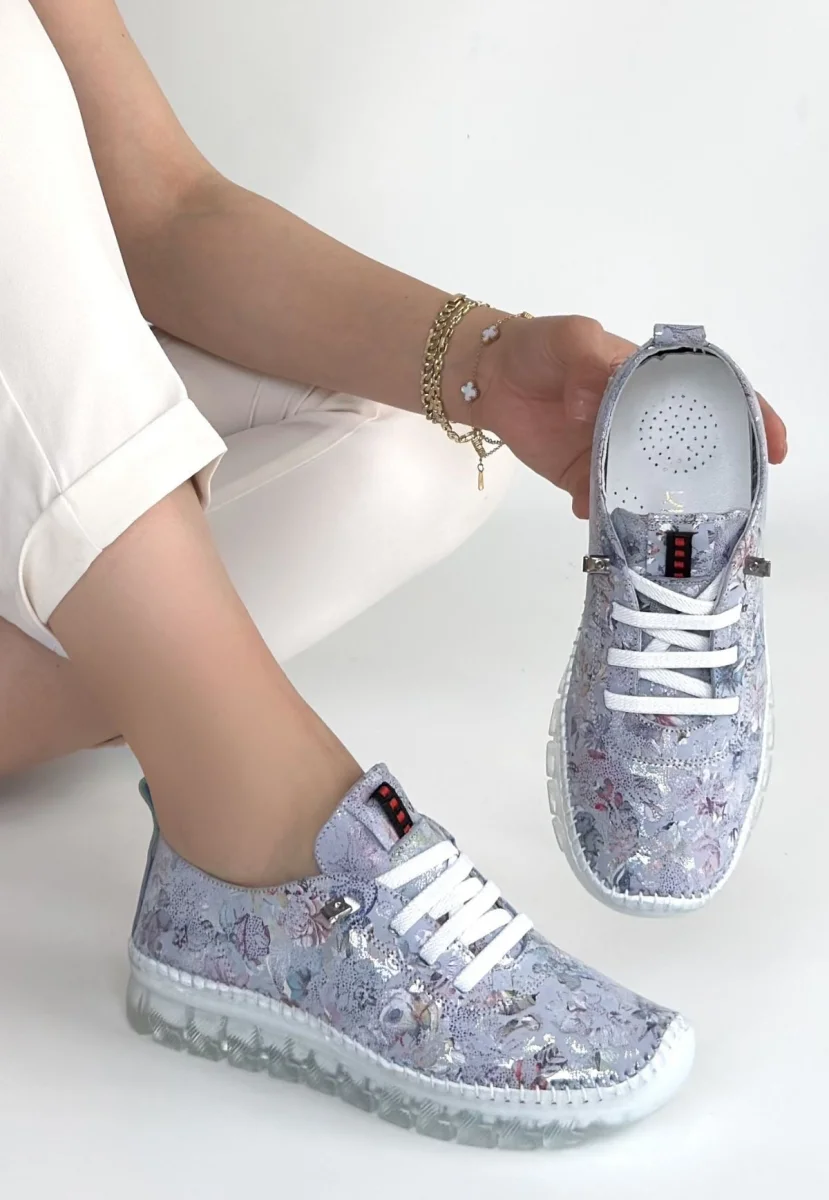 Kinte Lila Desenli Deri Bağcıklı Spor Ayakkabı