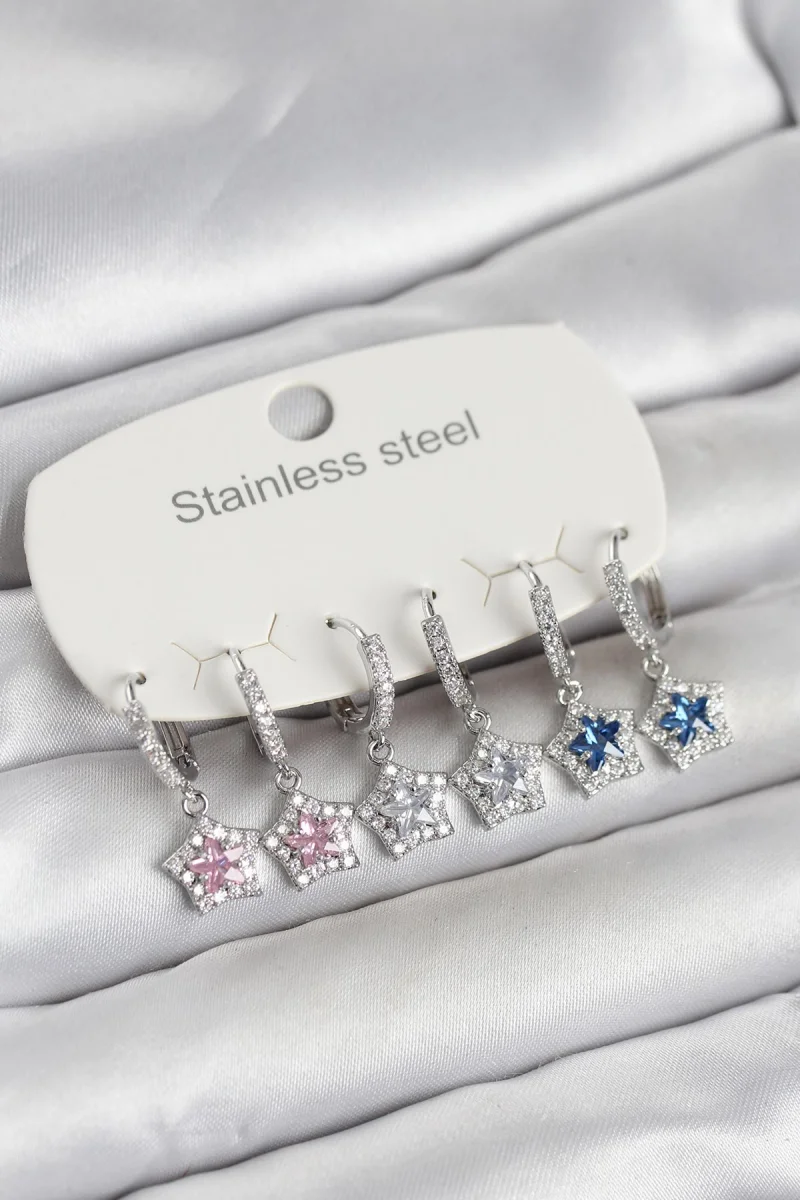 316L Çelik Gümüş Renk Zirkon Taşlı Yıldız Form 6'lı Set Kadın Küpe