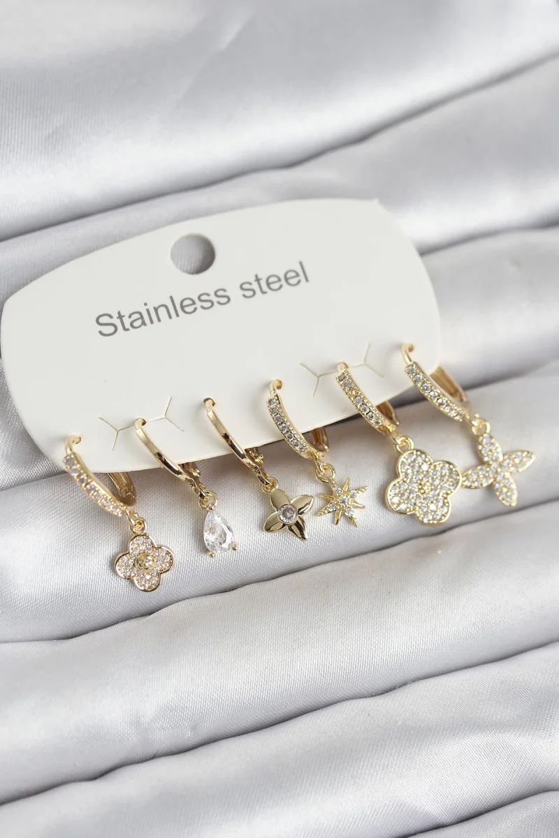 316L Çelik Gold Renk 6'lı Set Yonca Model Kadın Küpe