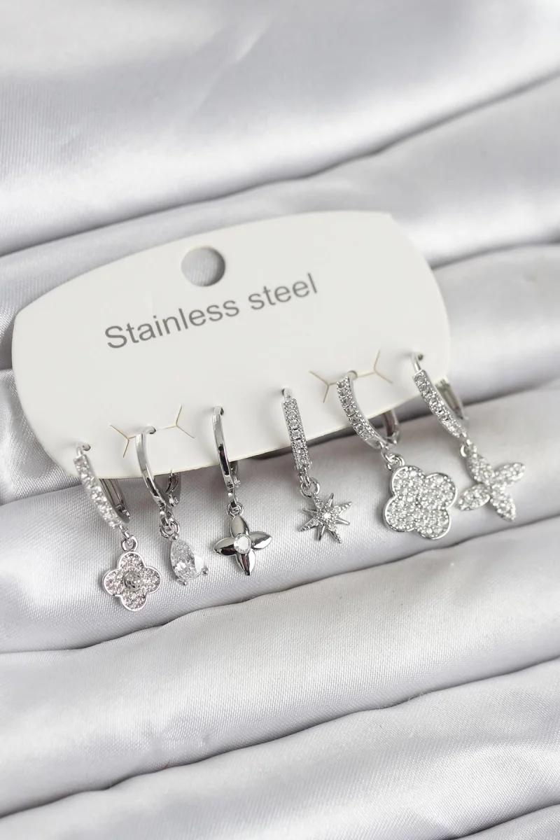 316L Çelik Gümüş Renk 6'lı Set Yonca Model Kadın Küpe