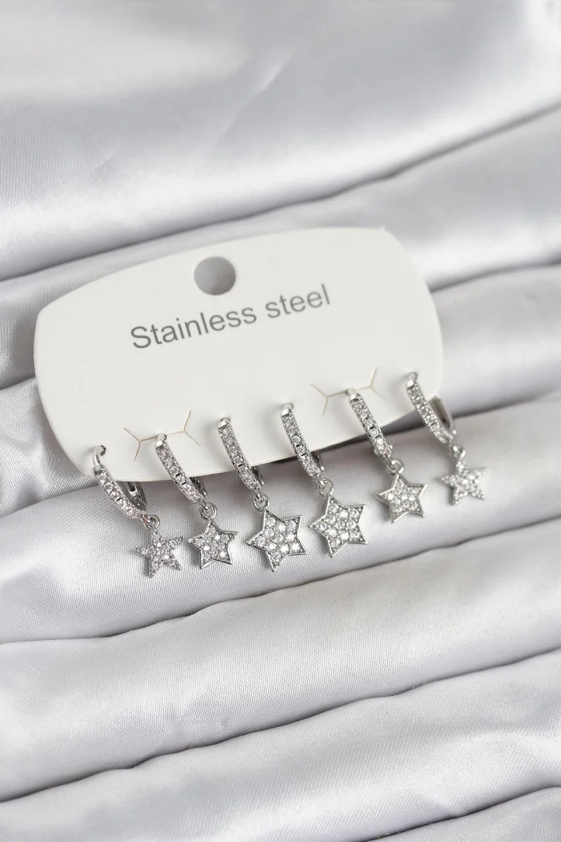 316L Çelik Gümüş Renk 6'lı Set Yıldız Model Kadın Küpe