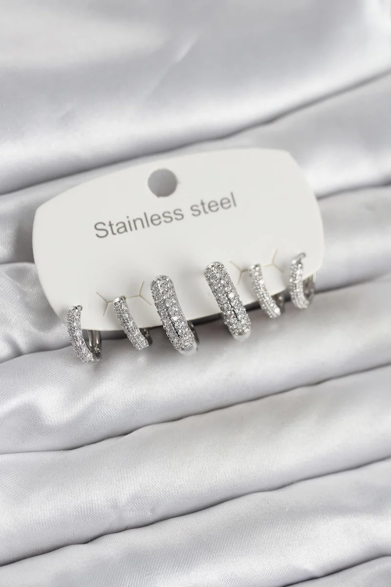 316L Çelik Gümüş Renk 6'lı Set Zirkon Taşlı Halka Model Kadın Küpe