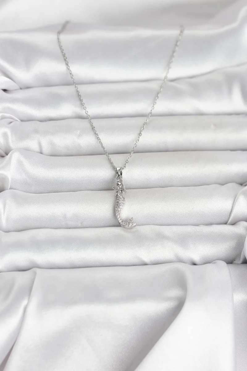 316L Çelik Zincir Gümüş Renk Zirkon Taşlı Deniz Kızı Model Kadın Kolye