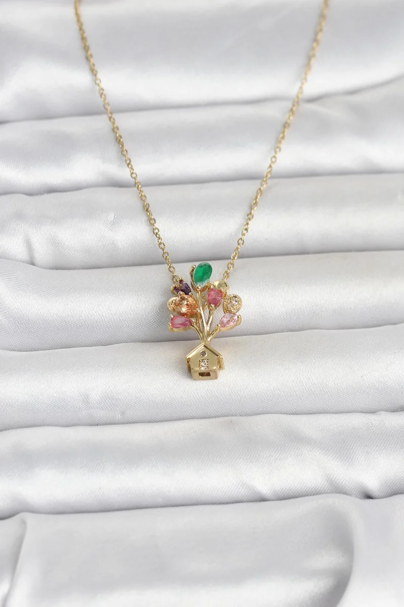 316L Çelik Zincir Gold Renk Uçan Balon Ev Figür Kadın Kolye