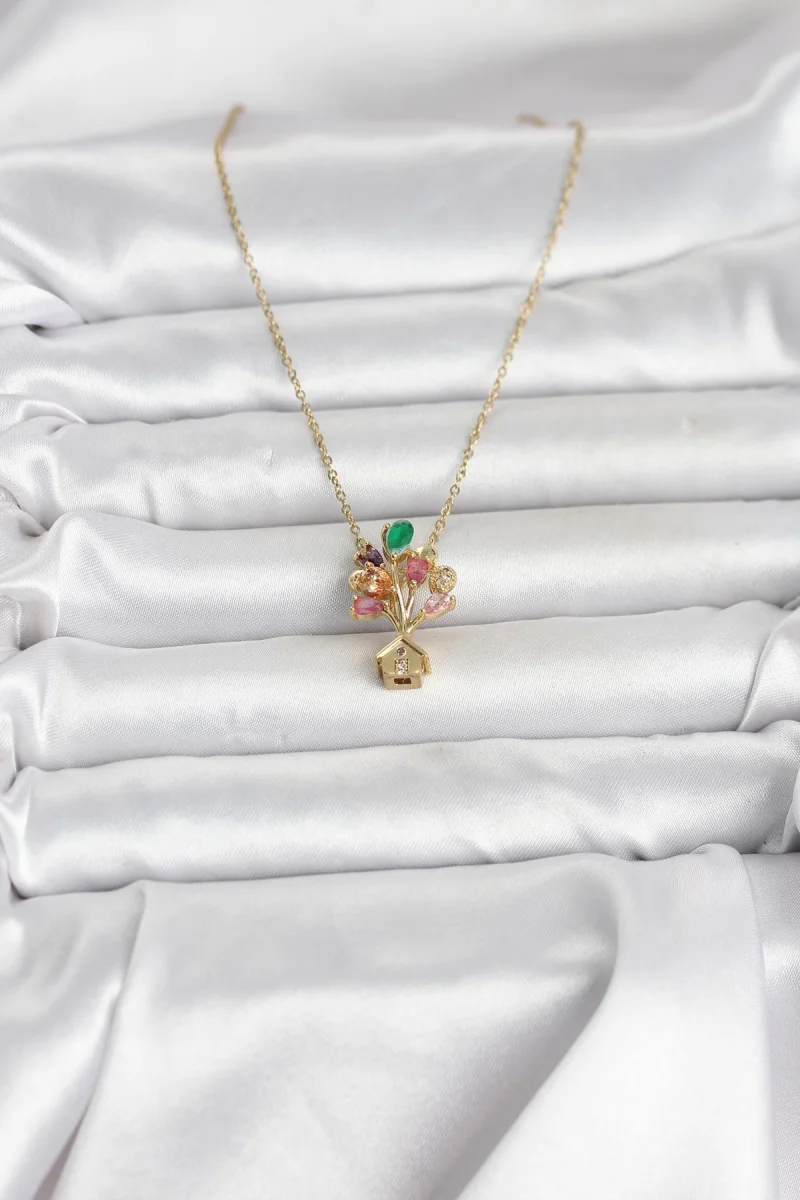 316L Çelik Zincir Gold Renk Uçan Balon Ev Figür Kadın Kolye