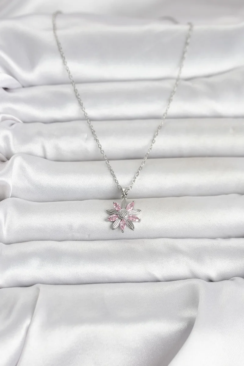 316L Çelik Zincir Gümüş Renk Pembe Papatya Model Kadın Kolye