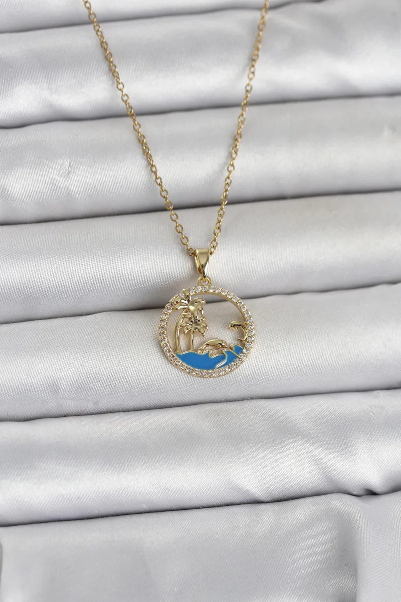 316L Çelik Zincir Gold Renk Zirkon Taşlı Deniz Temalı Kadın Kolye