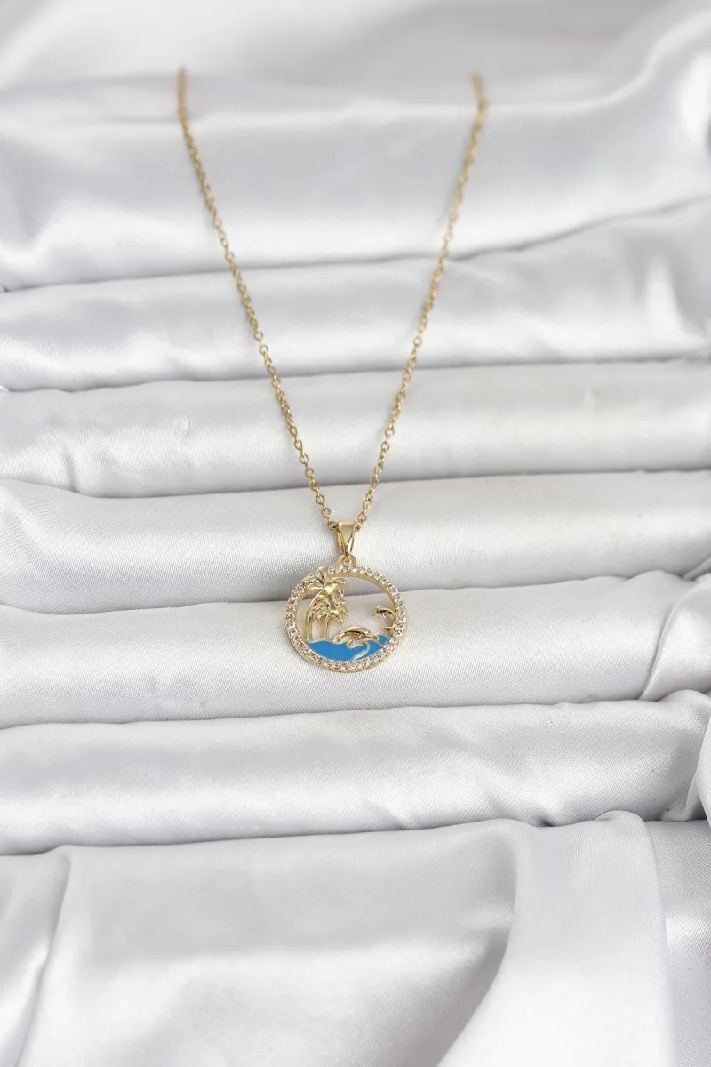 316L Çelik Zincir Gold Renk Zirkon Taşlı Deniz Temalı Kadın Kolye