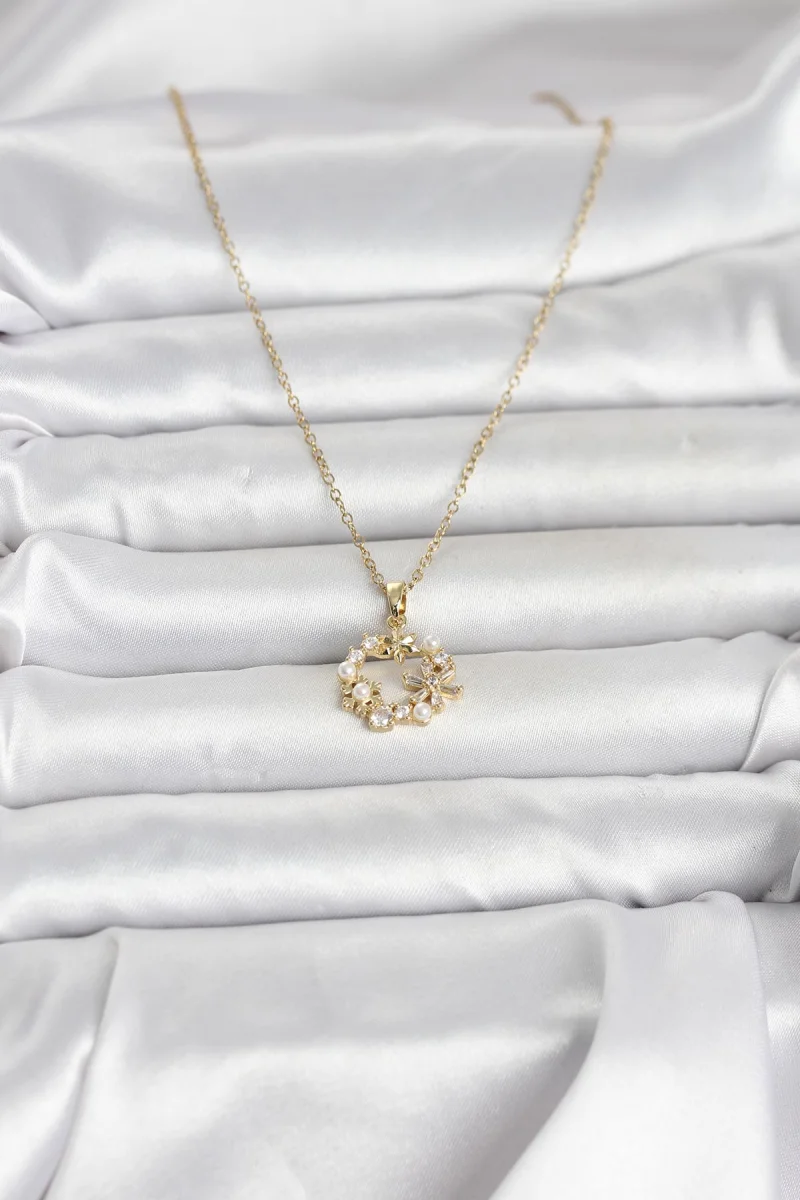 316L Çelik Zincir Gold Renk İncili Çiçek Model Kadın Koyle