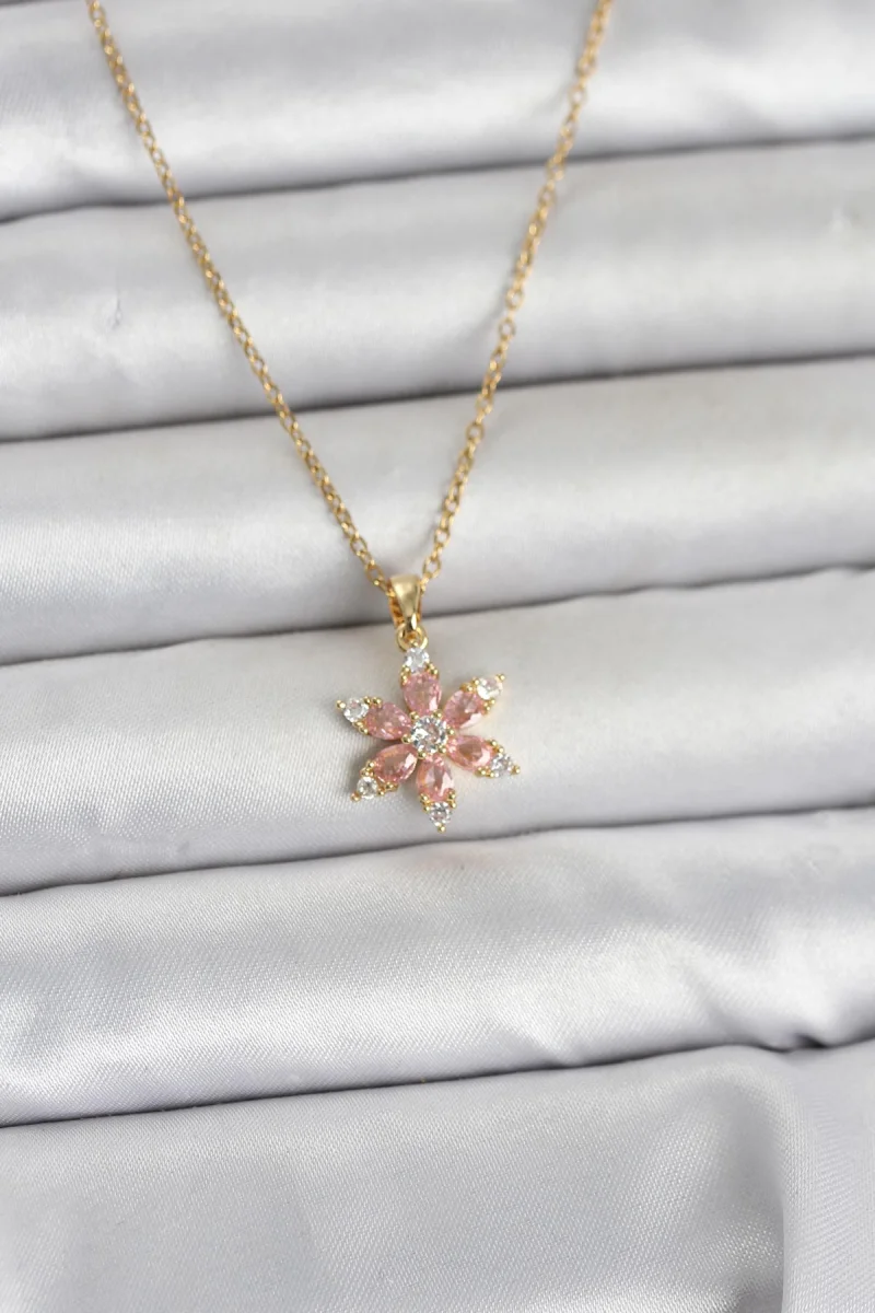 316L Çelik Zincir Gold Renk Pembe Lotus Model Kadın Kolye