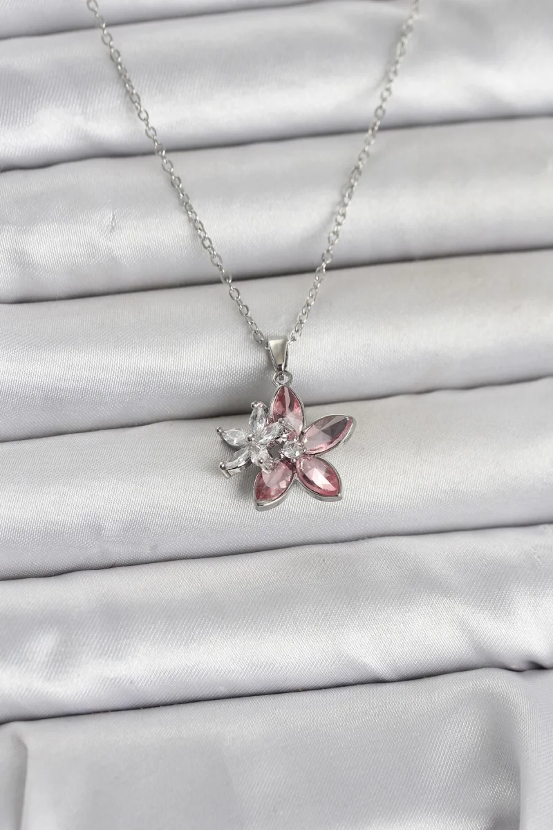 316L Çelik Zincir Gümüş Renk Pembe Lotus Model Kadın Kolye