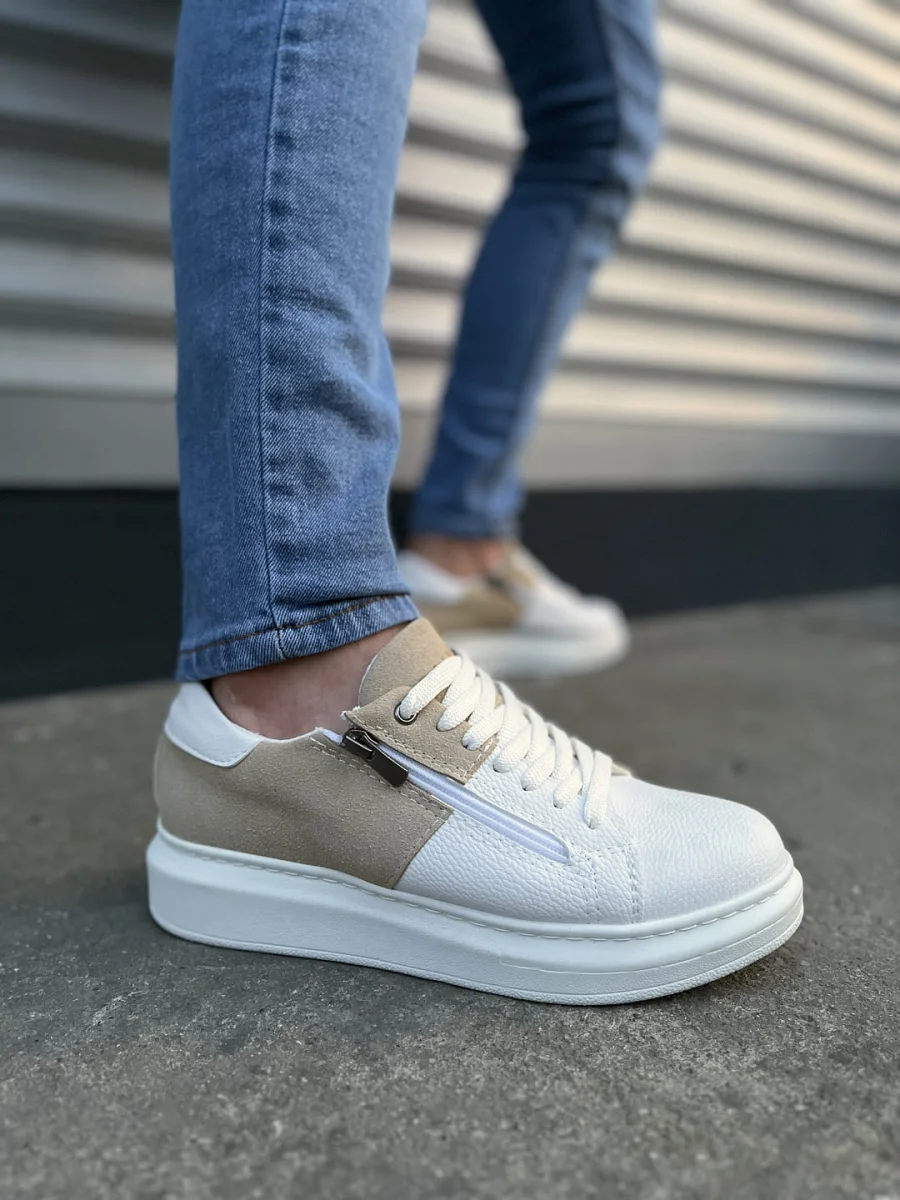 JY155 Warrior Bağcıklı ve Fermuarlı Cilt Süet Erkek Günlük Sneaker Ayakkabı CSBT - Beyaz/Krem