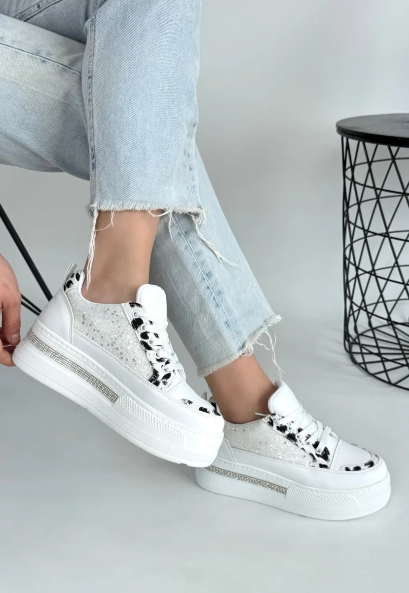 Lawin Beyaz Cilt Beyaz Simli Bağcıklı Spor Ayakkabı