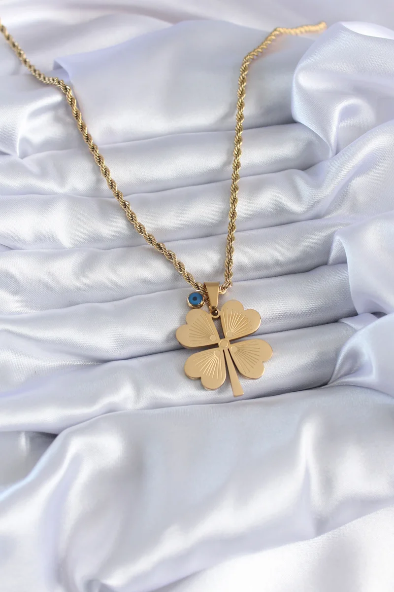 316L Çelik Gold Renk Burgu Model İşlemeli Yonca Figür Nazar Boncuk Detay Kadın Kolye