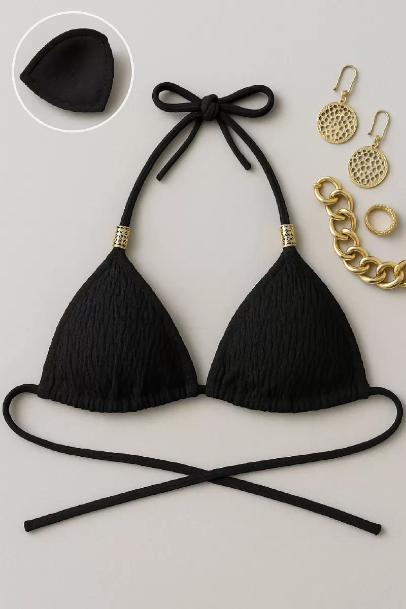 Kadın Siyah Pedli Üçgen Bikini Üstü Halter Bağlamalı Aksesuarlı