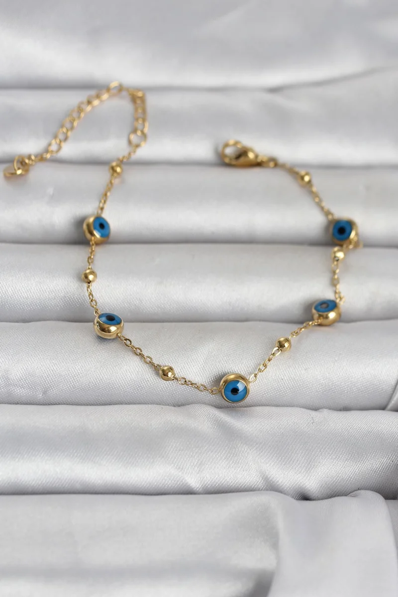 316L Çelik Gold Renk Top Zincirli Nazarlı Kadın Bileklik