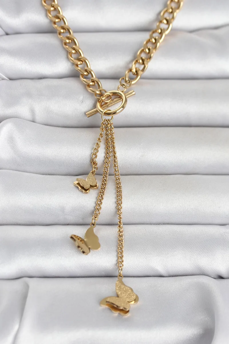 316L Çelik Gold Renk Kelebek Sallantılı Kadın Kolye