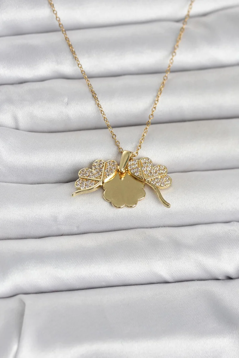 316L Çelik Gold Renk Açılabilir Yonca Model Zirkon Taşlı Kadın Kolye