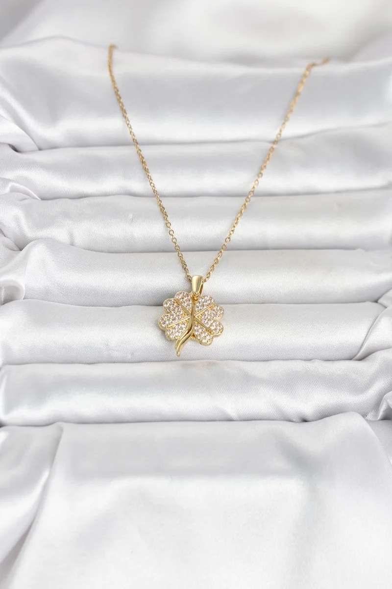 316L Çelik Gold Renk Açılabilir Yonca Model Zirkon Taşlı Kadın Kolye