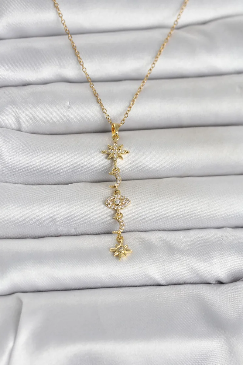 316L Çelik Gold Renk Kutup Yıldızı Y Model Zirkon Taşlı Kadın Kolye