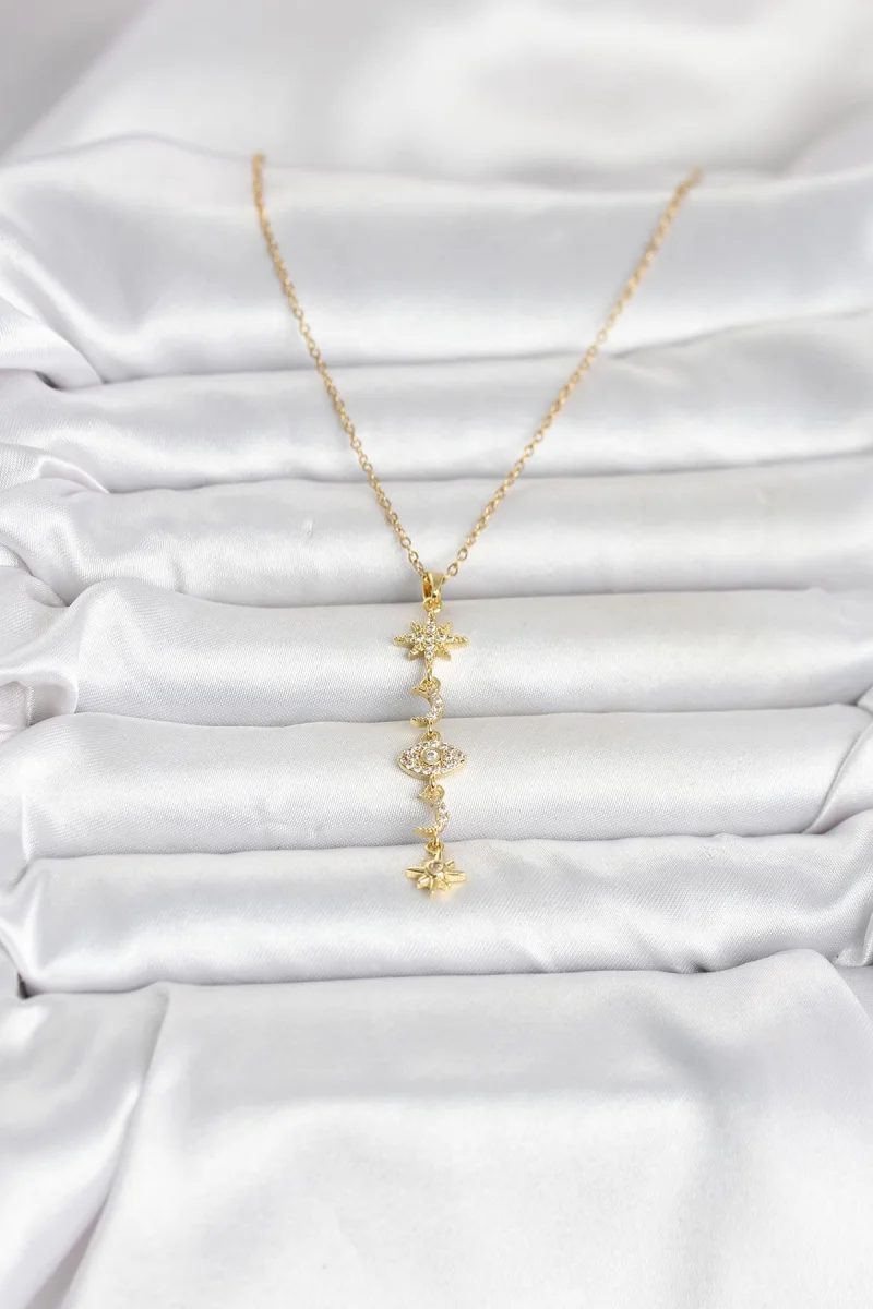 316L Çelik Gold Renk Kutup Yıldızı Y Model Zirkon Taşlı Kadın Kolye