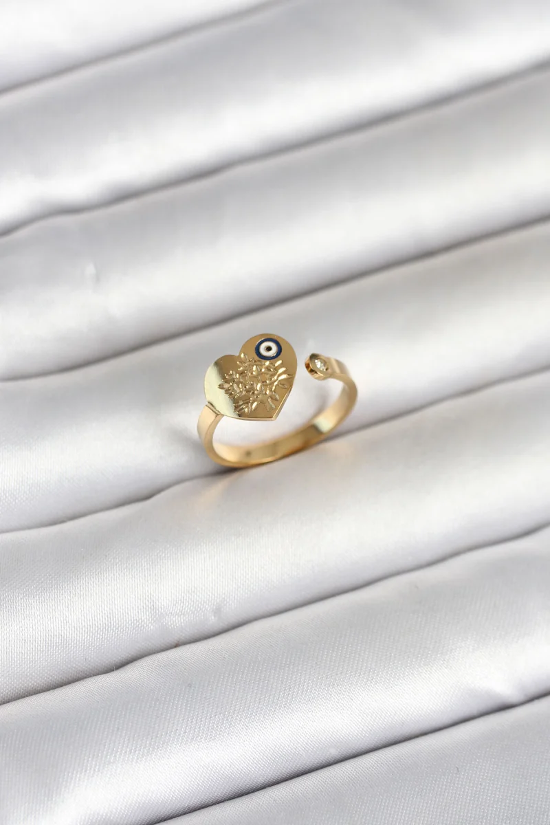 316L Çelik Gold Renk Nazar Detaylı Kalp Model Kadın Yüzük