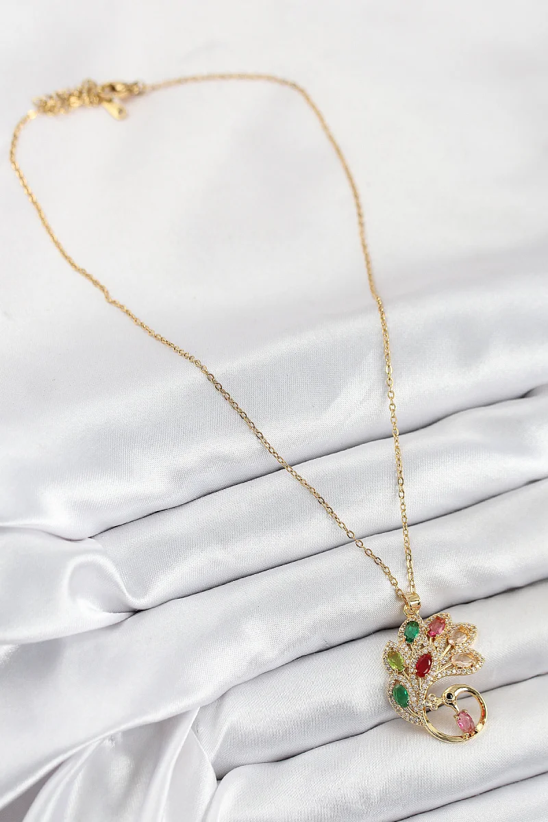 316L Çelik Zirkon Taşlı Tavus Kuşu Model Gold Renk Kadın Kolye