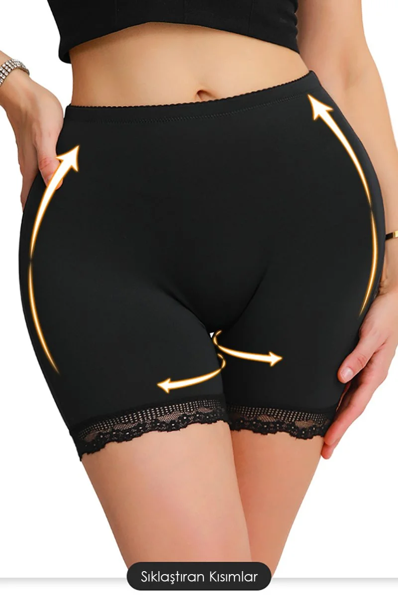 Kadın Siyah Pop Up Kalça Kaldırıcı Ve Sekillendirici Dantel Paçalı Şort Külot
