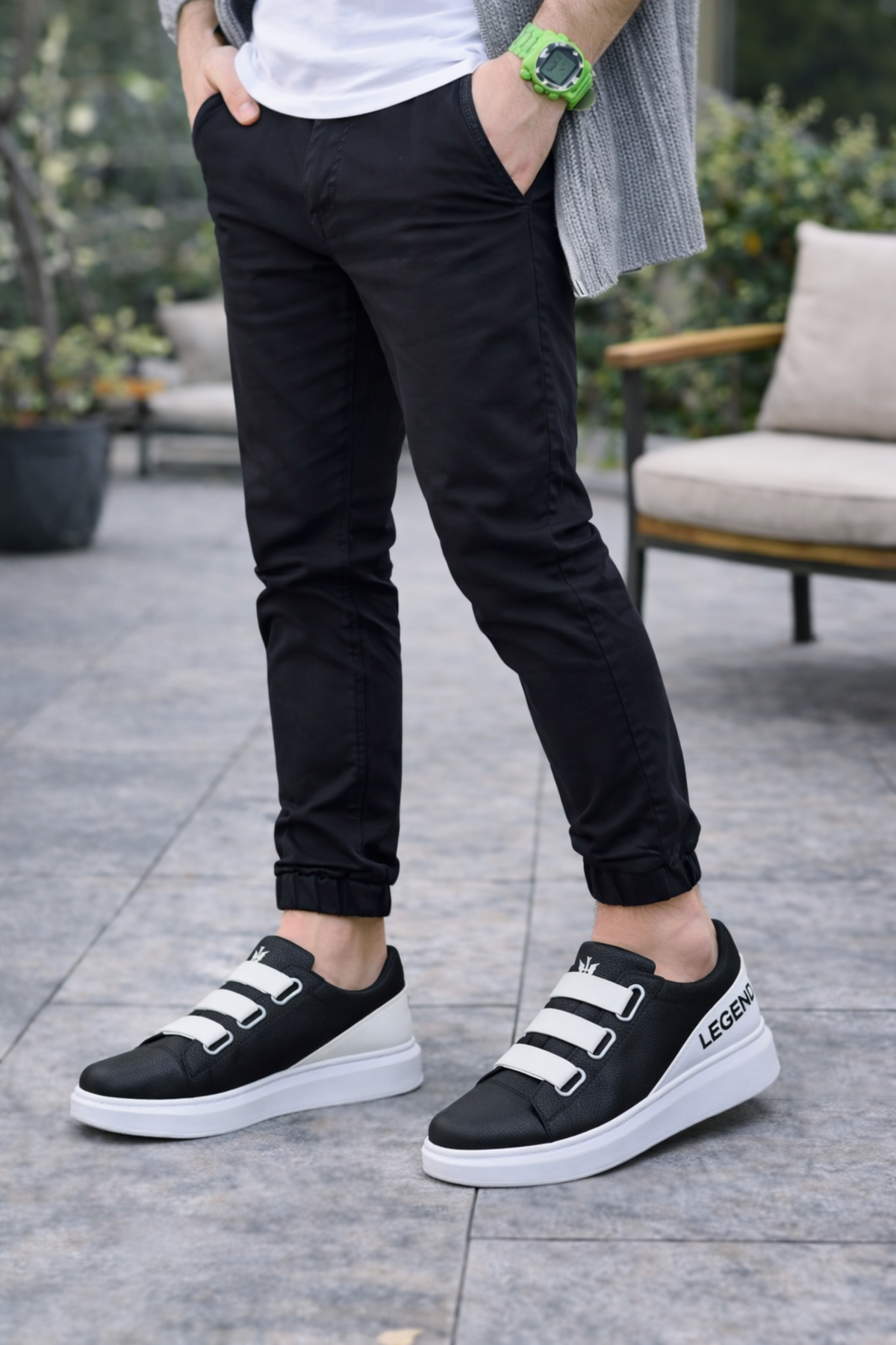 JY029 Mono Bağcıksız 3 Bantlı Lastikli Legend Cilt Erkek Günlük Sneaker Ayakkabı CBT - Siyah/Beyaz