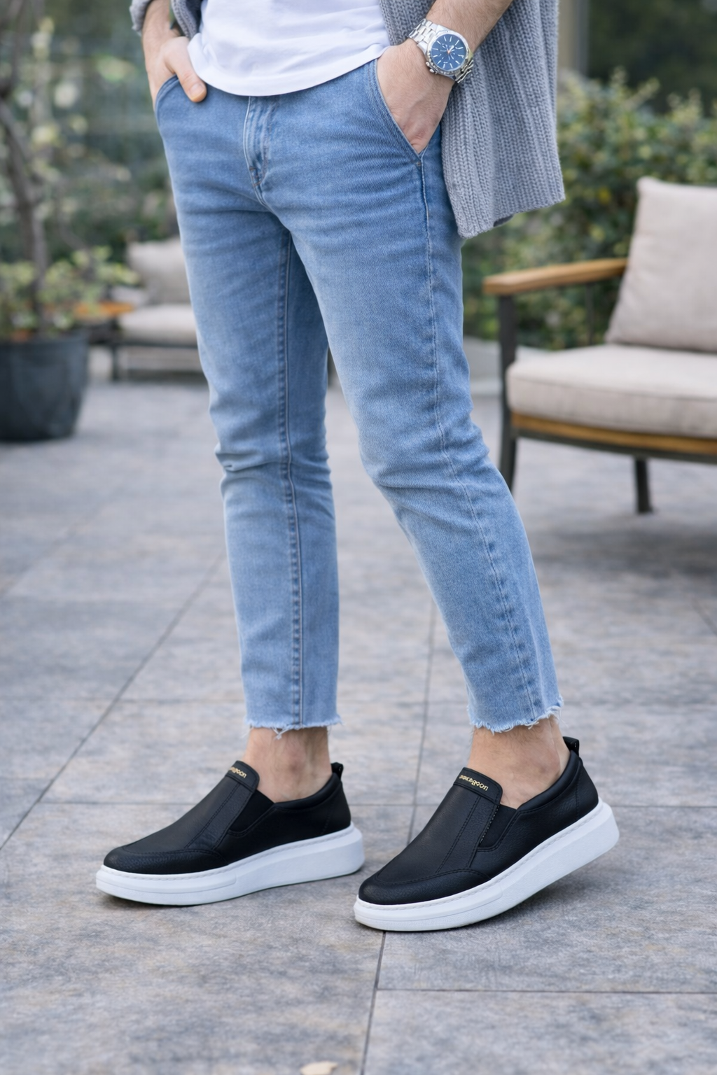 JY049 Ease Bağcıksız Erkek Günlük Cilt Spor Sneaker Ayakkabı CBT - Siyah