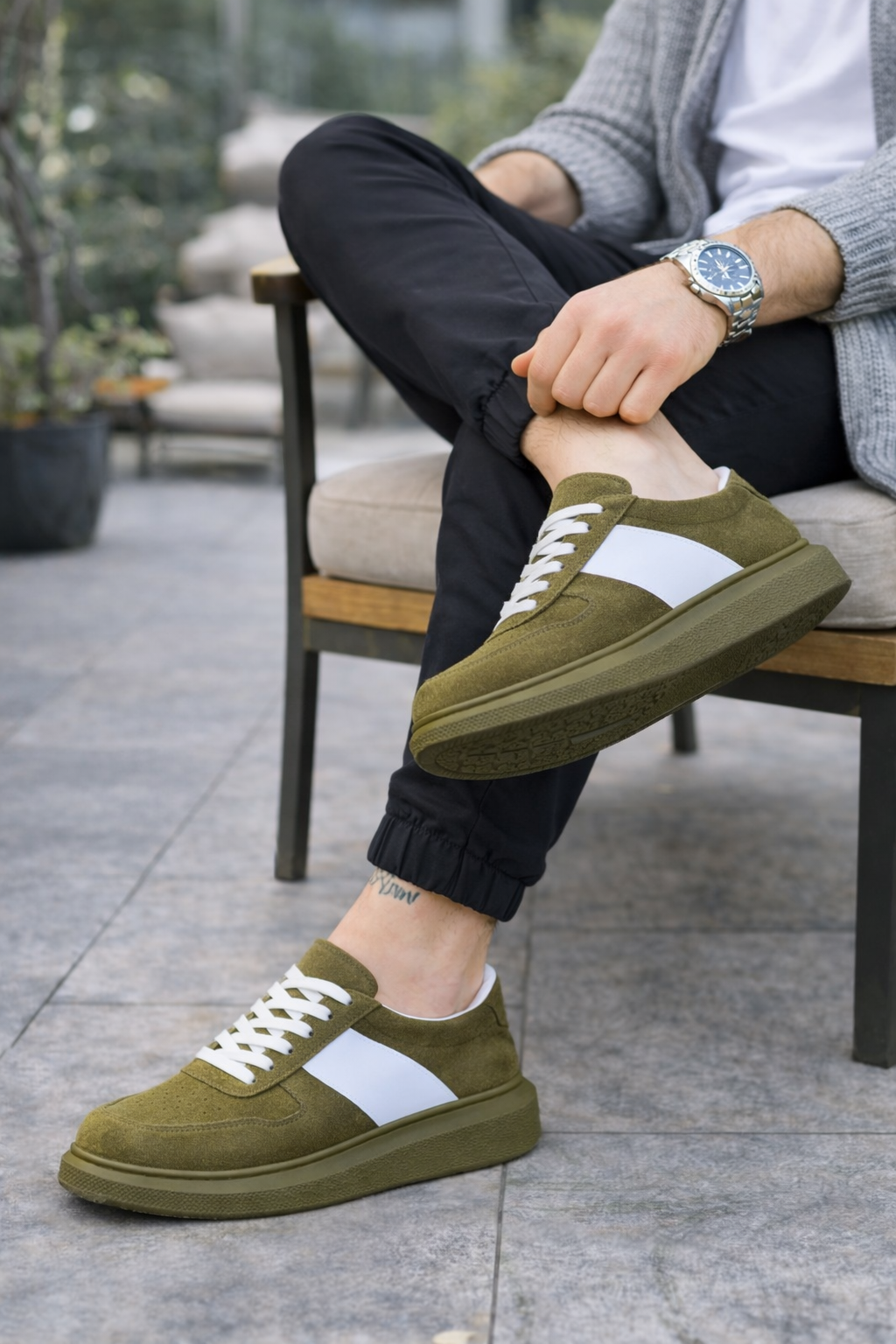 JY011 Line Erkek Günlük Bağcıklı Süet Spor Sneaker Ayakkabı SHT - Haki/Beyaz