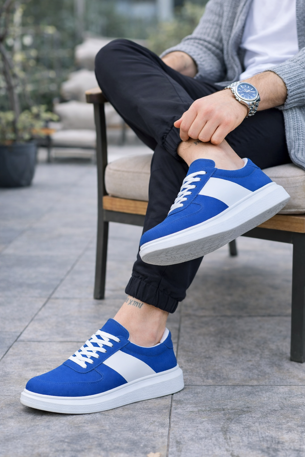 JY011 Line Erkek Günlük Bağcıklı Süet Spor Sneaker Ayakkabı SBT - Mavi/Beyaz