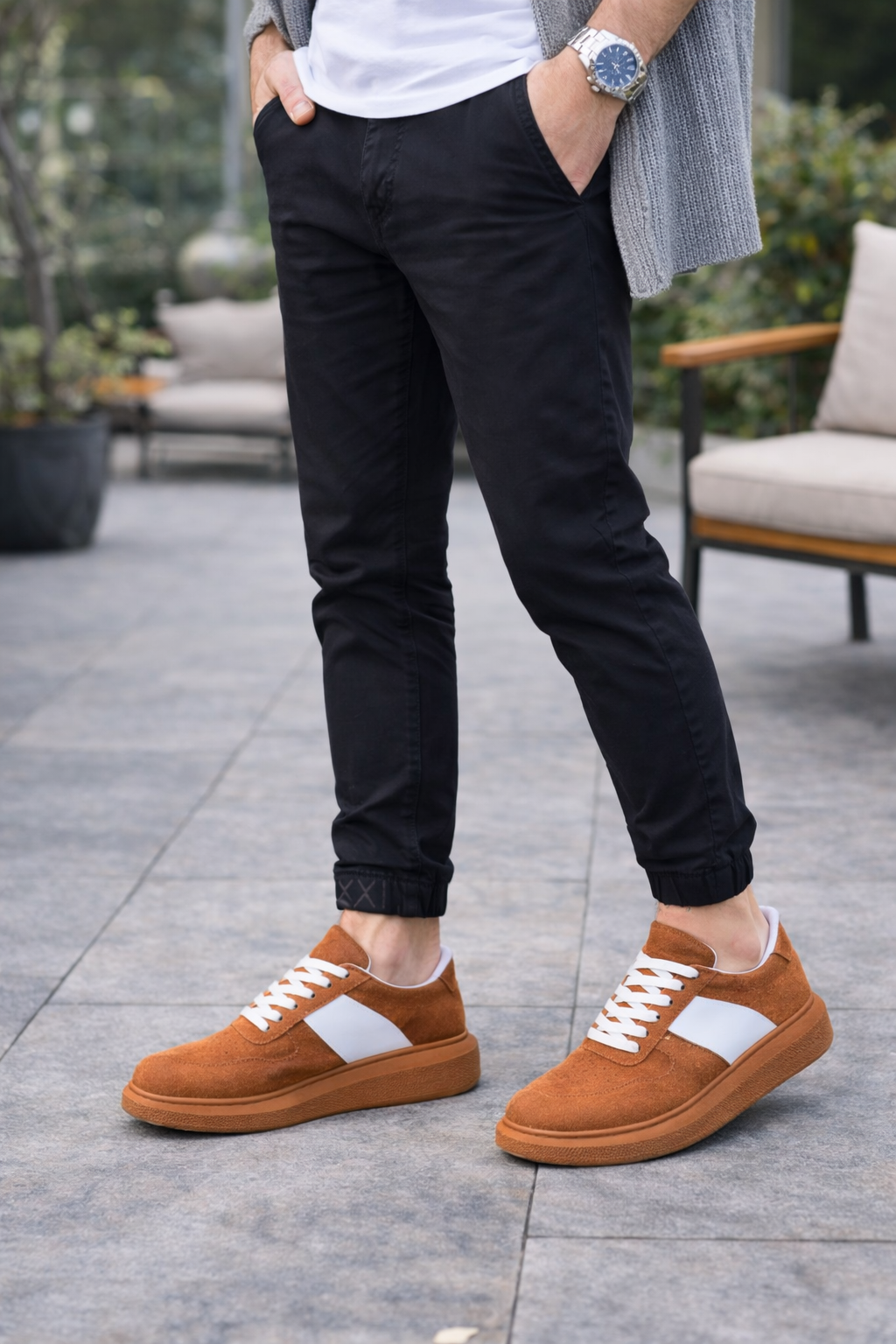 JY011 Line Erkek Günlük Bağcıklı Süet Spor Sneaker Ayakkabı STT - Taba/Beyaz